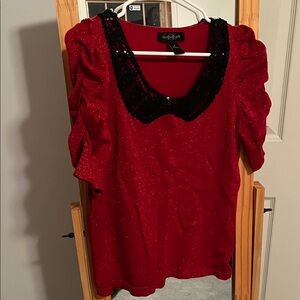 August Silk Red Glitter Blouse with Black Collar